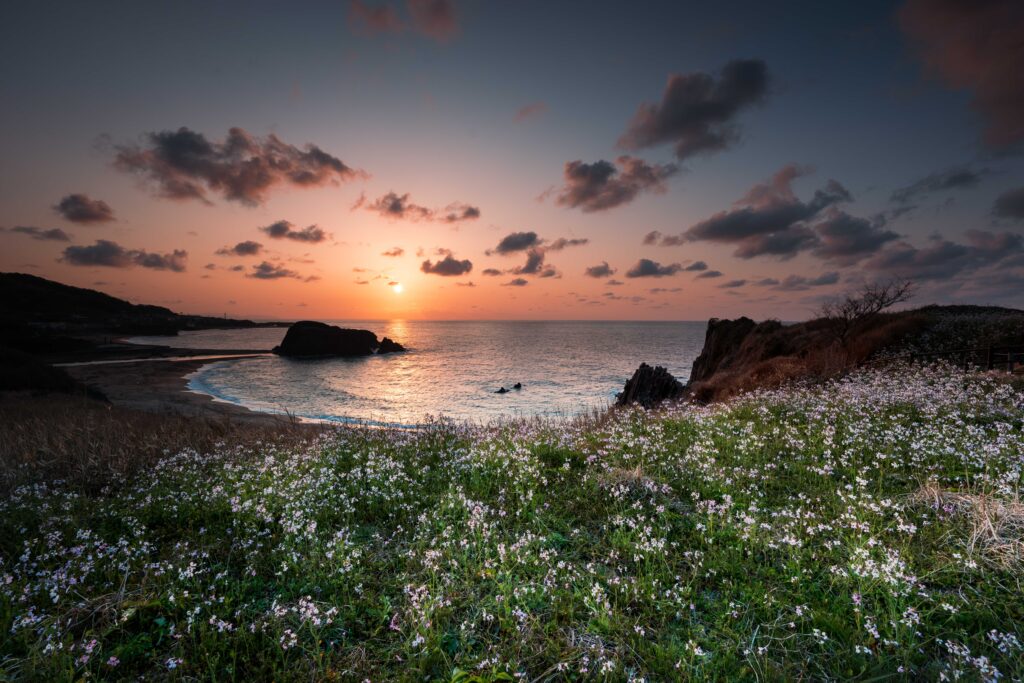 超広角レンズ14mmで撮影したマジックアワーの海岸。夕陽が沈む直前の濃いグラデーションを撮影。